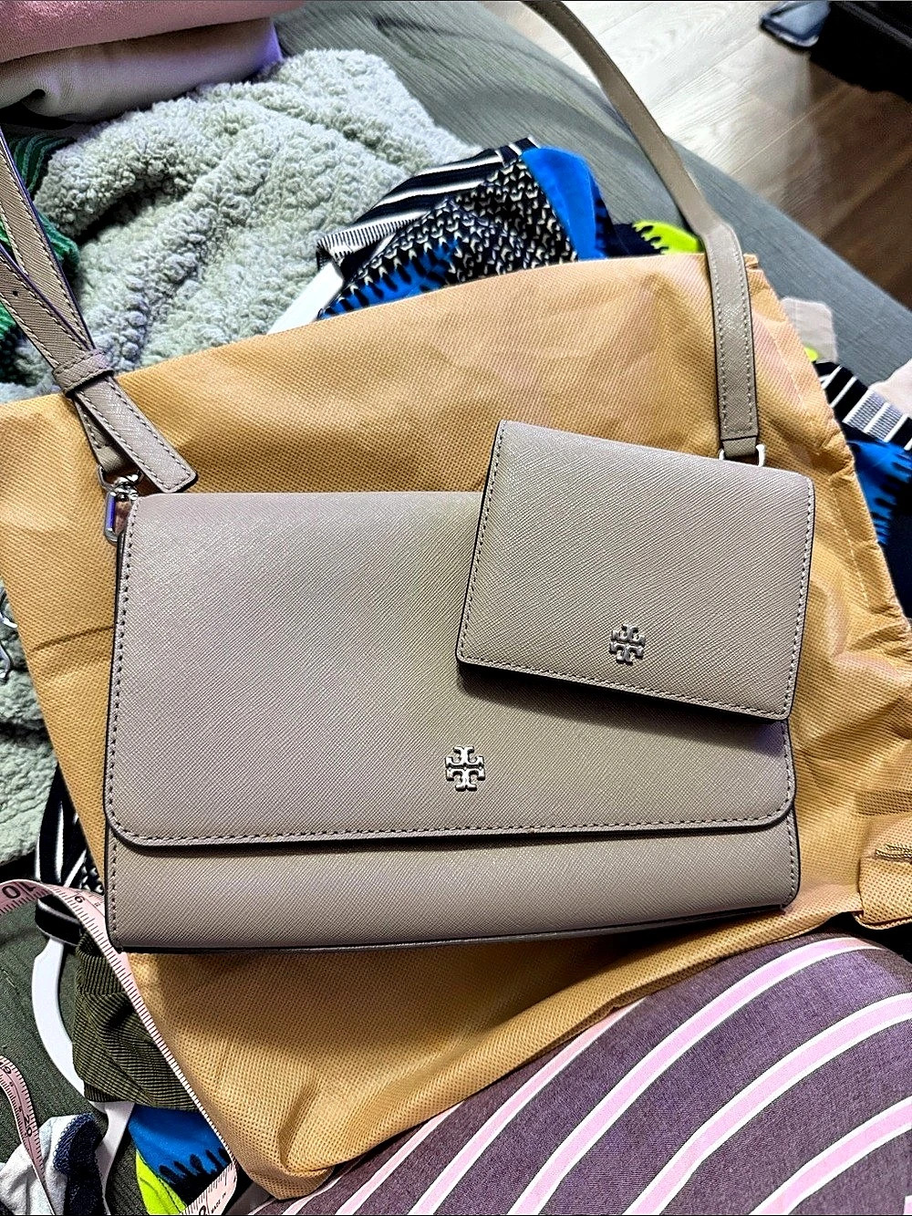 Tory Burch Saffiano Crossbody Bag in Gray with matching wallet.
